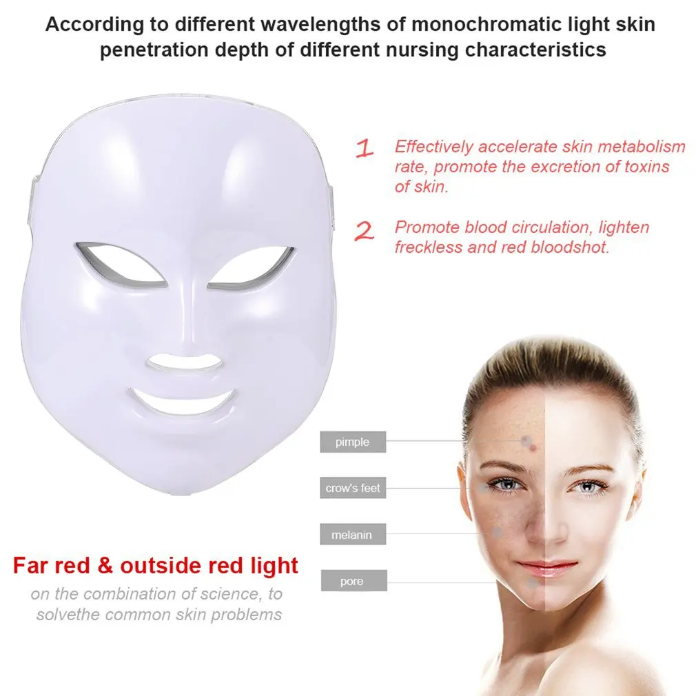 

LED Facial Mask 7 Color Light Photon Tighten Pores Skin Rejuvenation Anti Acne Wrinkle Removal Therapy Beauty Treatment Salon