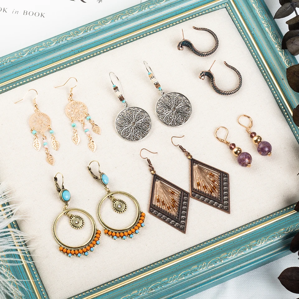 

Mixed Vintage Ethnic Trendy Boho Bohemian Feather Hanging Drop Dangle Earrings Set for Women 2019 Jewelry Accessories Set
