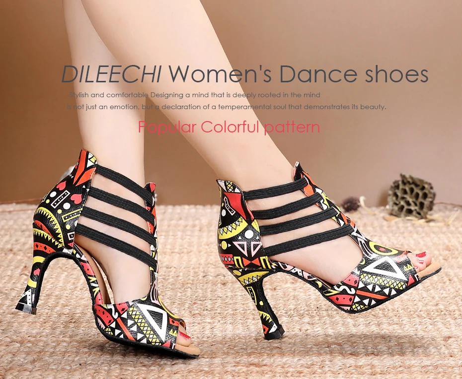 DILEECHI/Новинка; обувь для танцев с принтом для женщин; Танцевальная обувь для латинских танцев, сальсы; Обувь для бальных танцев; женская обувь на Кубинском каблуке 9 см