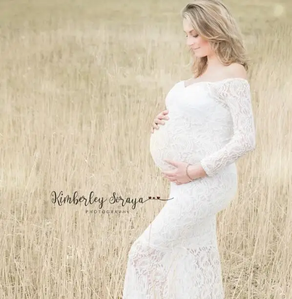 Эластичное кружевное платье для беременных; реквизит для фотосессии; Платье макси с длинными рукавами; платье с открытыми плечами для фотосессии; цвет белый, розовый; платья для беременных - Цвет: White