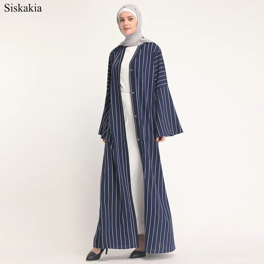 Siskakia Muslim Elegant Stripe Patchwork Single breasted Cardigan Robe Abaya Women Eid High Waist Flare Sleeve Slim Sashes Abaya (8)