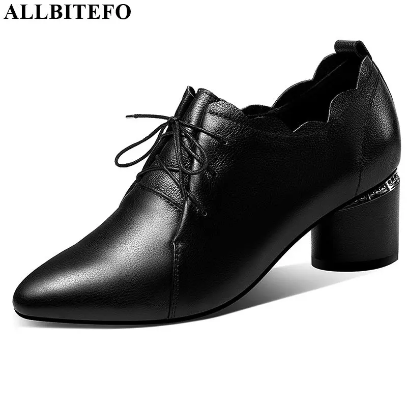 

ALLBITEFO natural genuine leather women heels fashion sexy ladies high heel shoes Round toe high heels Frenulum spring autumn