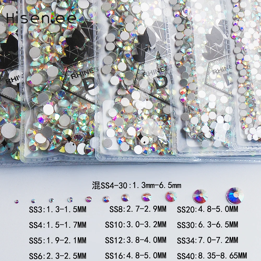 Hisenlee, SS3-SS40, смешанные Стразы с плоской задней поверхностью для дизайна ногтей, стразы для рукоделия, аксессуары для украшения ногтей