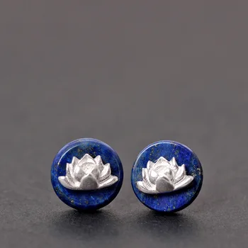 

925 Sterling Silver folk style small lotus inlaid natural Lapis stud earrings earrings Chinese female retro wind