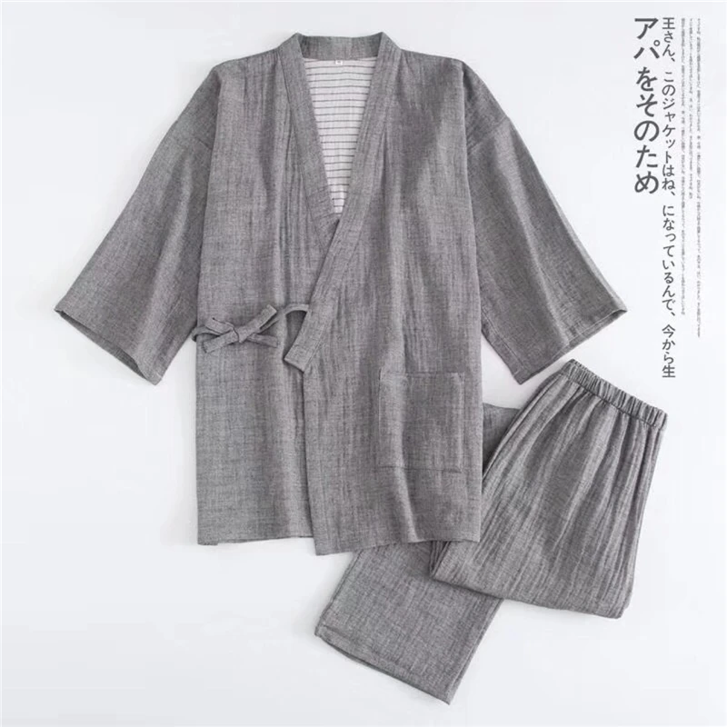 men grey Японская пара кимоно халаты мужские и женские пижамные комплекты качество марлевые хлопковые халаты мужские сауна банное платье костюмы для дома - Цвет: men grey