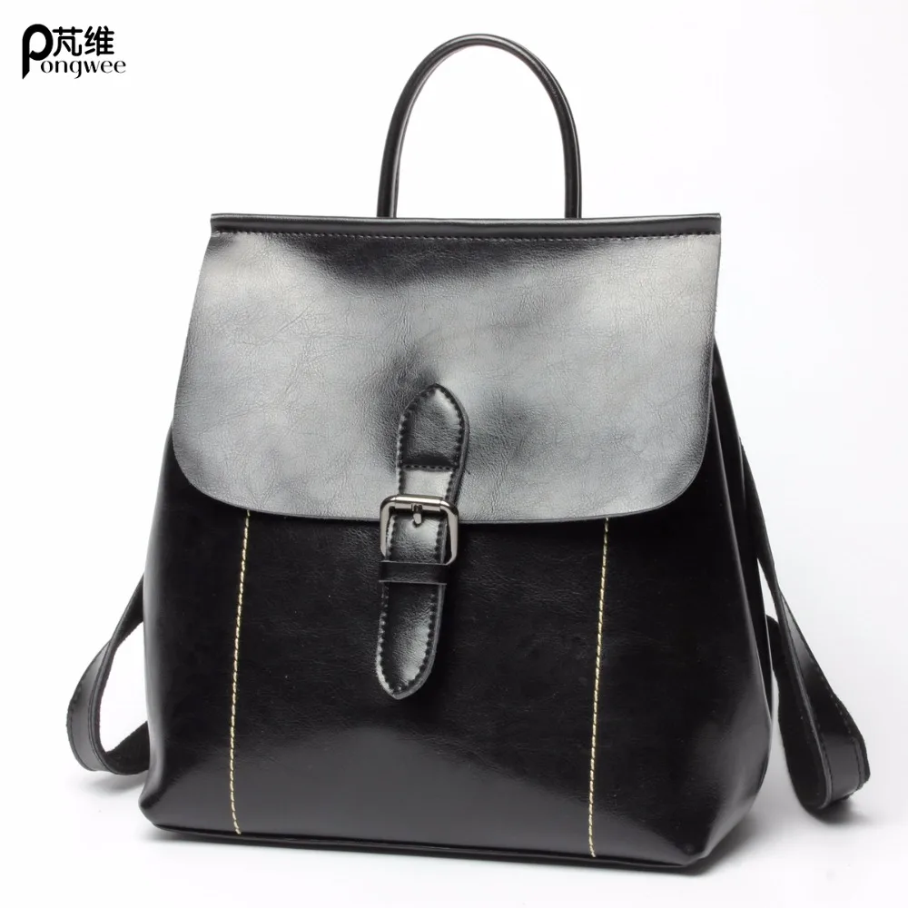 

PONGWEE Bagpack School Bags For Teenagers Girls Women Bag Brand Designer Women Backpack Vintage Genuine Leather Backpack