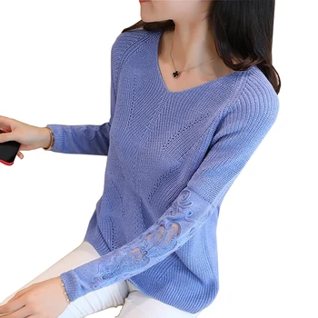 

Lace Women Sweater 2019 Spring Autumn Women Sweaters And Pullover Thin Hollow Out Sexy Knit Tops Long Sleeve V-neck Pull femme