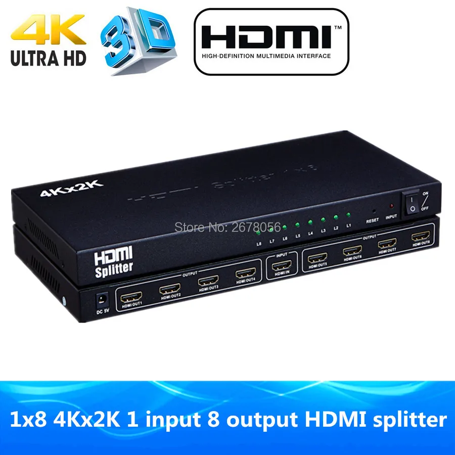 

4K HDMI Splitter 1X8 port distributes 1 HDMI source to 8 HDMI displays simultaneously 3D Amplifier Distribution for 4K HDTV PS3