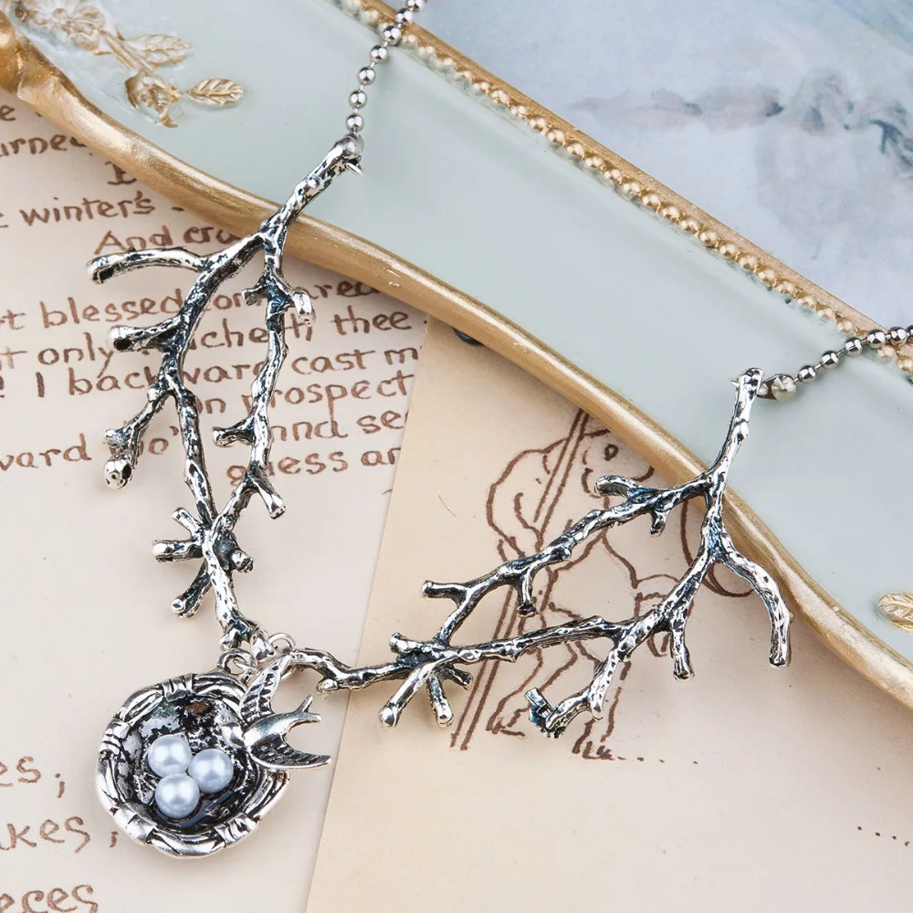 

DoreenBeads Handmade Necklace dull silver color Swallow Bird Nest Branch White Acrylic Imitation Pearl 70.5cm 1PCs