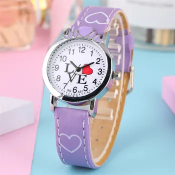 

Love Heart Display Round Quartz Leather Wristwatch Princess Girl Watch Lovely Kids Clock Pin Buckle Birthday Gift Dropshipping