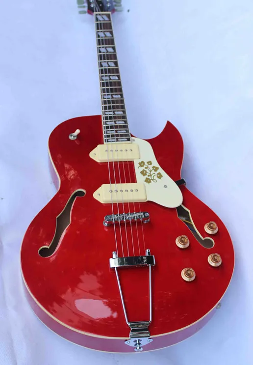 

2019 New + Factory + florentine cutaway electric jazz guitar half hollow body glossy red electric jazz guitar P90 pickups guitar