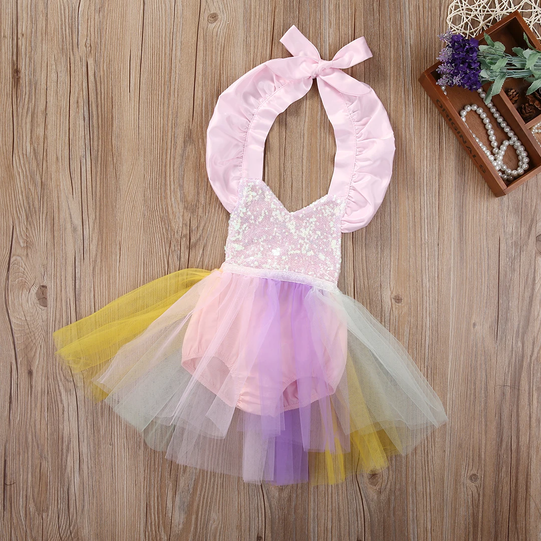 

2018 Multitrust Brand Baby Girl Kids Lace Sequins Princess Romper Dress Party Formal Wedding Tutu rainbow Colorful Dresses