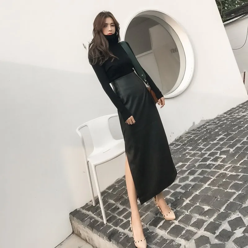 

Autumn And Winter Retro Pockets Hip Leather Pencil Skirt Mid-Calf Fleece Lined Empire Waist Sexy Faux Leather Open Fork Skirts