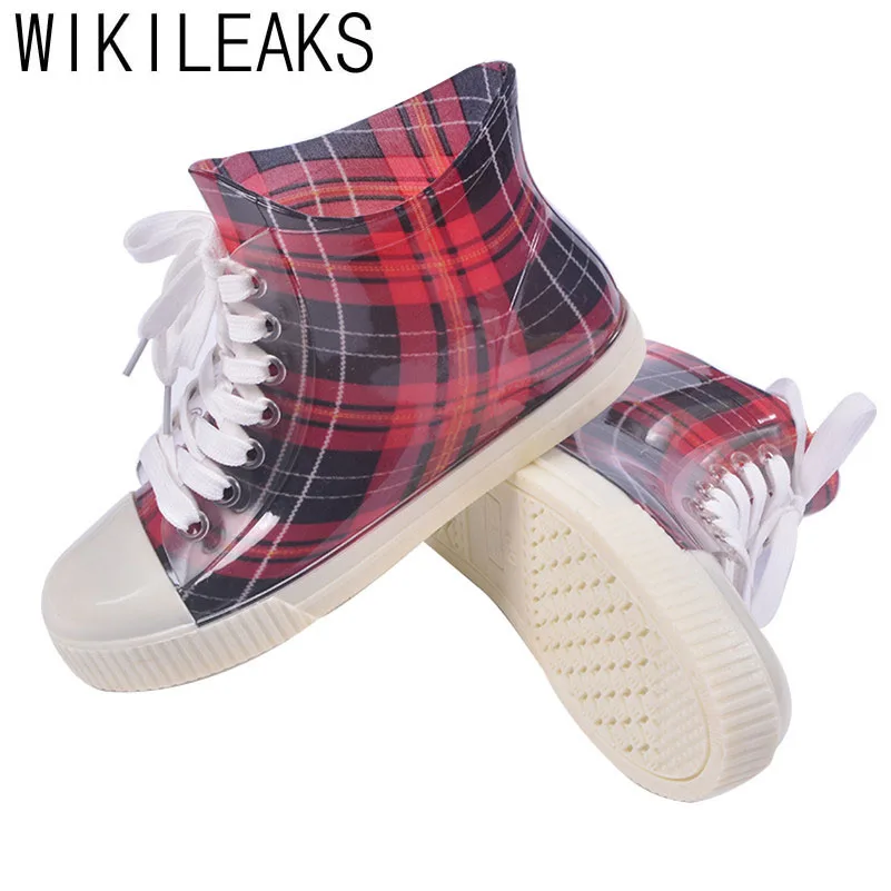 red plaid rain boots