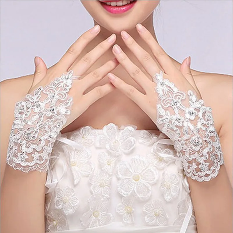 Princessally Свадебные аксессуары новые белые кружевные перчатки невесты с кристаллами бисером сексуальные свадебные перчатки без пальцев Guantes de Novia