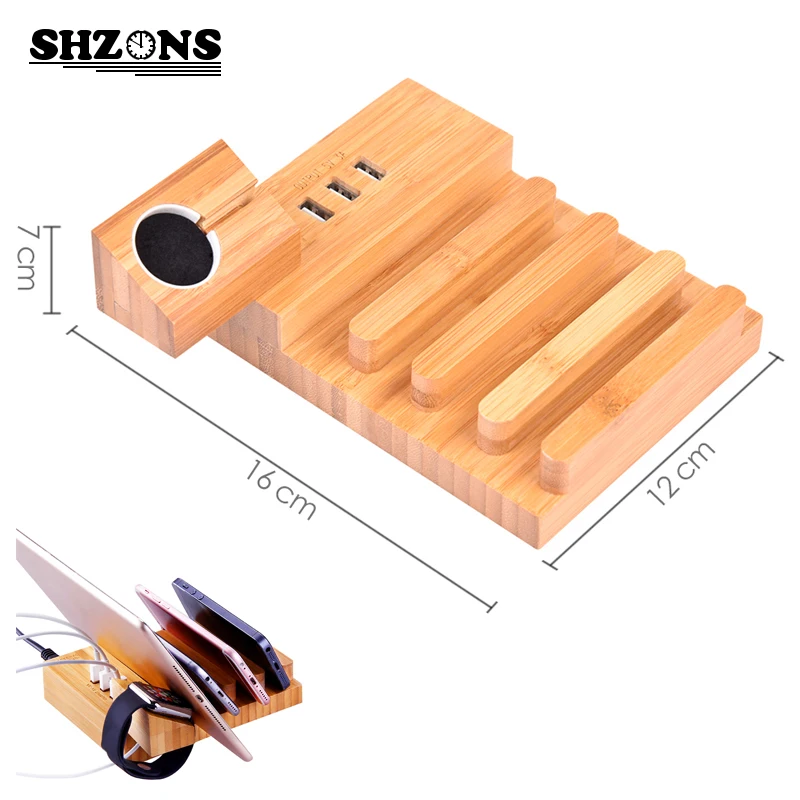 

3 USB Ports Bamboo Wood Charger Base Stand Mobile Phone Tablet Multiple Holes 5V 3.0A Charging Holder for iphone 6s 7 plus ipad