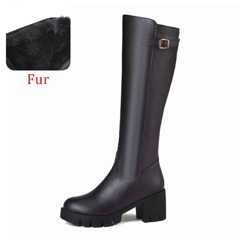 Taoffen/Большие размеры 34-46; женские сапоги до колена; теплая женская обувь на меху с плюшевой подкладкой; модные зимние сапоги на высоком толстом каблуке на молнии - Цвет: brown fur