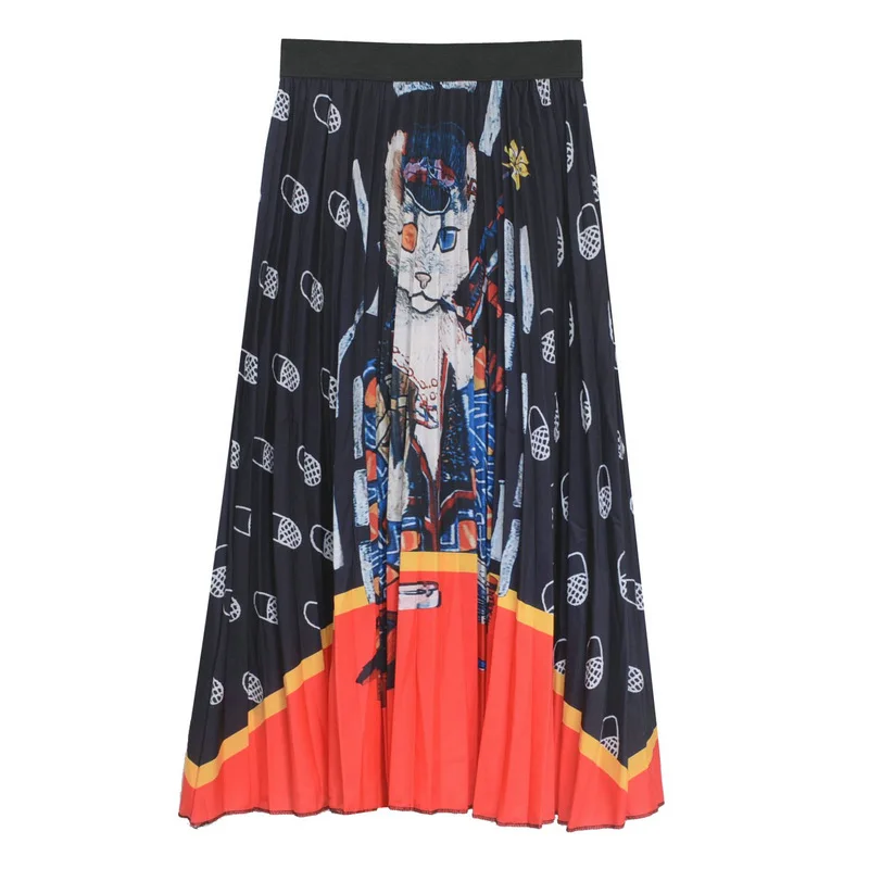 

Fashion Printed Pleated Long Chiffon Skirt Striped Vintage Cat Printed A-line Pleated Maxi Long Skirts
