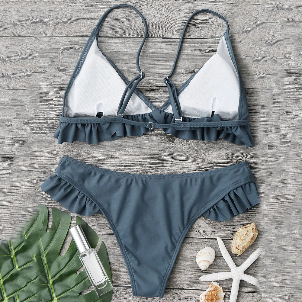 ruffle padded plunge bikini set