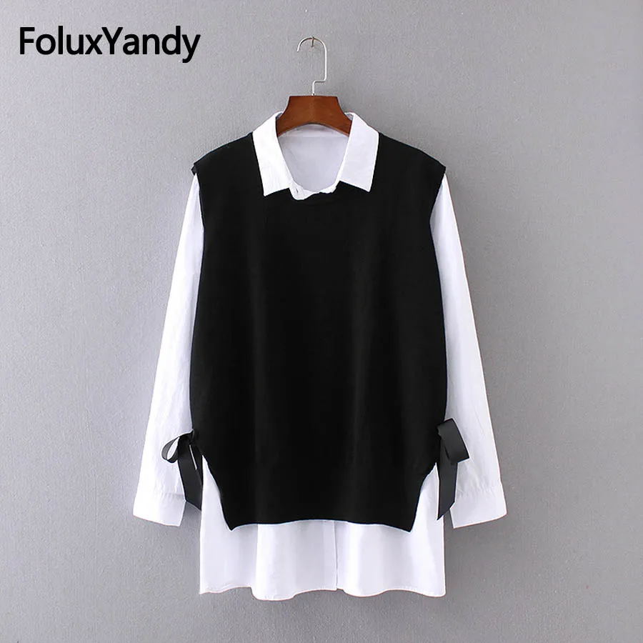 

2 Pieces Casual Blouse Knitted Loose Long Sleeve Turn-down Collar Shirts Women Plus Size Blouse XXXL 4XL SWM1170