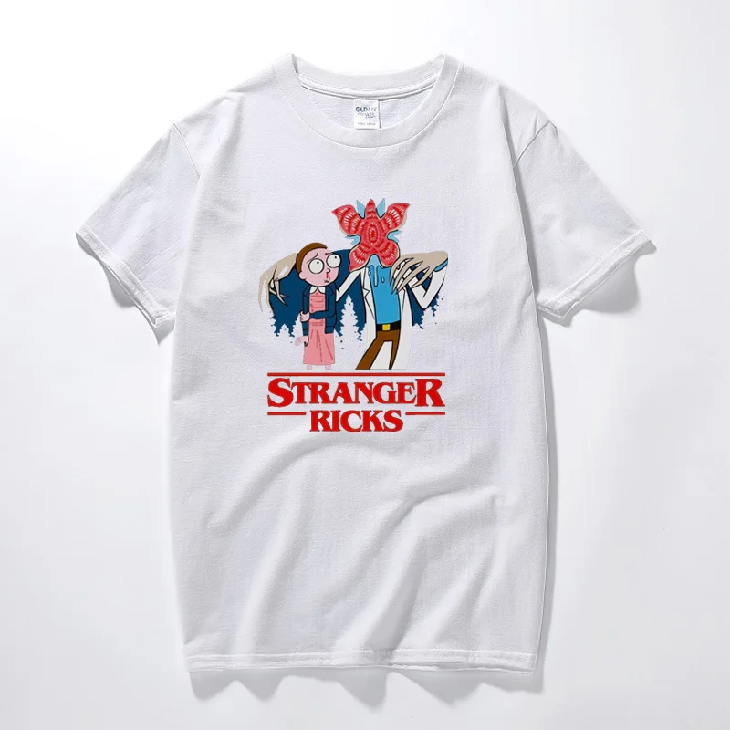 Мужская забавная футболка, Рик и Морти, Mash Up Stranger Things, футболка, Stranger Ricks, хлопковая футболка с коротким рукавом, топы, Camisetas Hombre - Цвет: Белый