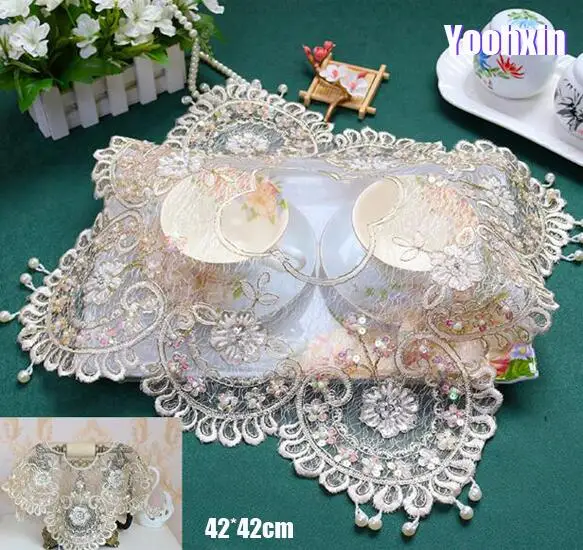 

HOT Gold lace embroidery table place mat cloth coffee pad cup Wedding tea coaster placemat drink pan doily dining mug kitchen
