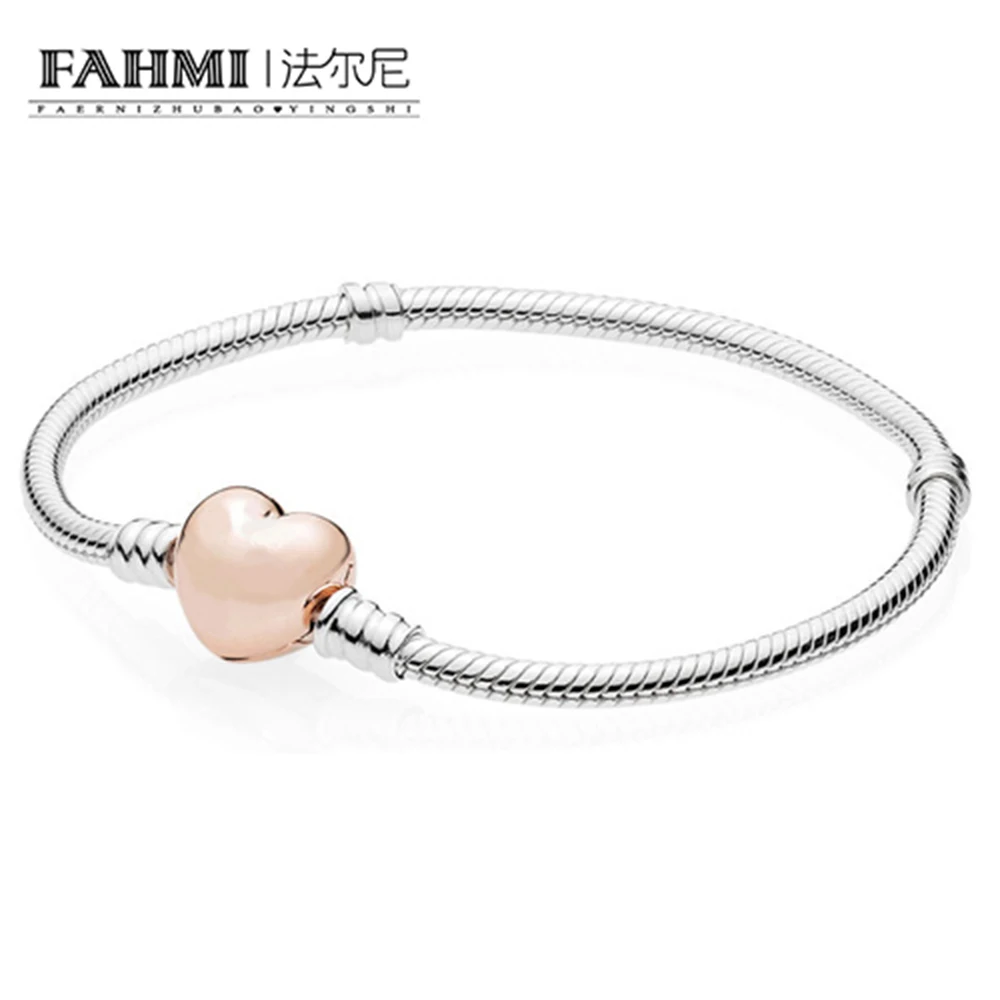 

FAHMI 100% 925 Sterling-Silver-Jewelry Bracelets for Women DIY Beads Jewelry Making Rose Gold Color Heart Clasp Bracelet 580719