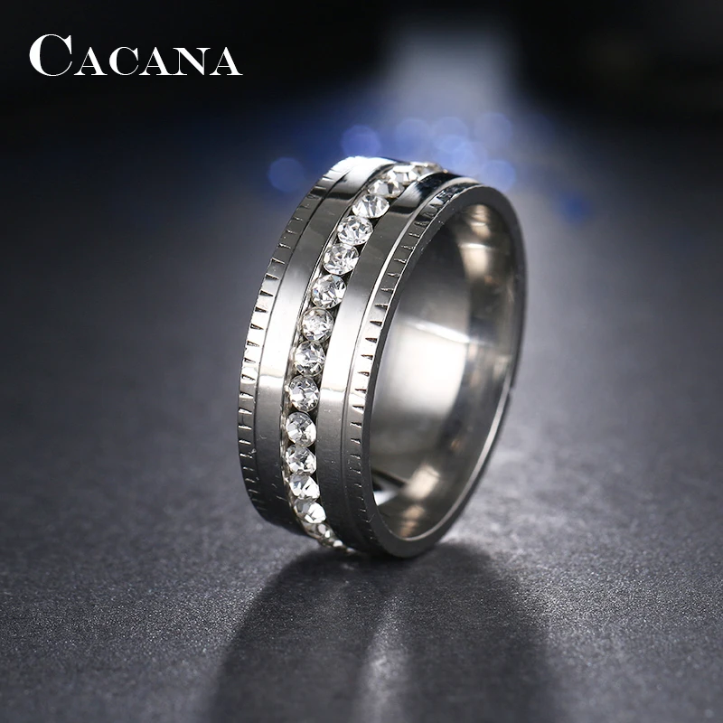CACANA Stainless Steel Rings For Women Embossed Double Side With CZ Fashion Jewelry Wholesale NO.R100