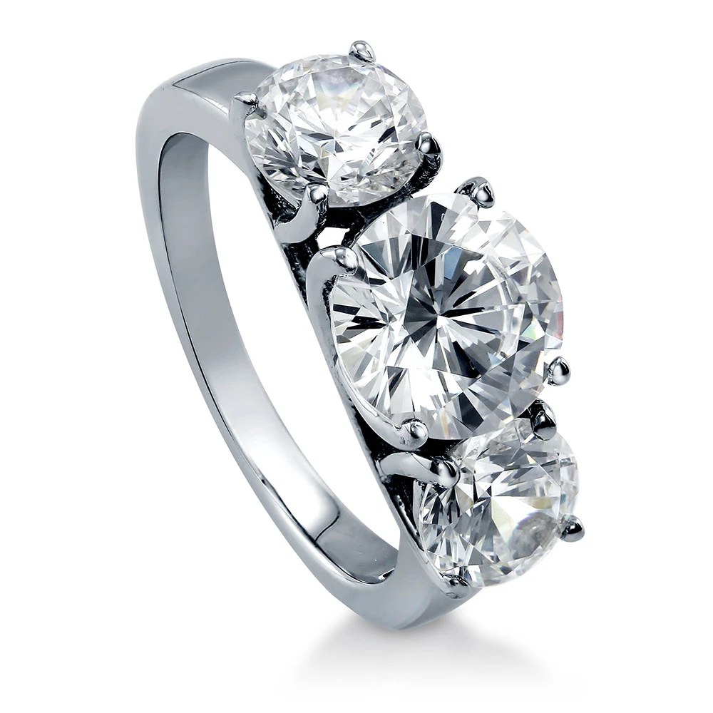 BERRICLE Rhodium Plated Sterling Silver Round Cut Cubic Zirconia CZ 3-Stone Engagement Ring 3.72 CTW #R261