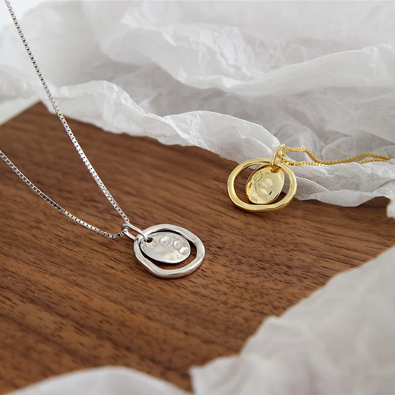 

S925 sterling silver necklace women Gift Round Coin Simple Circle irregular concave and convex surface pendant Necklace wedding