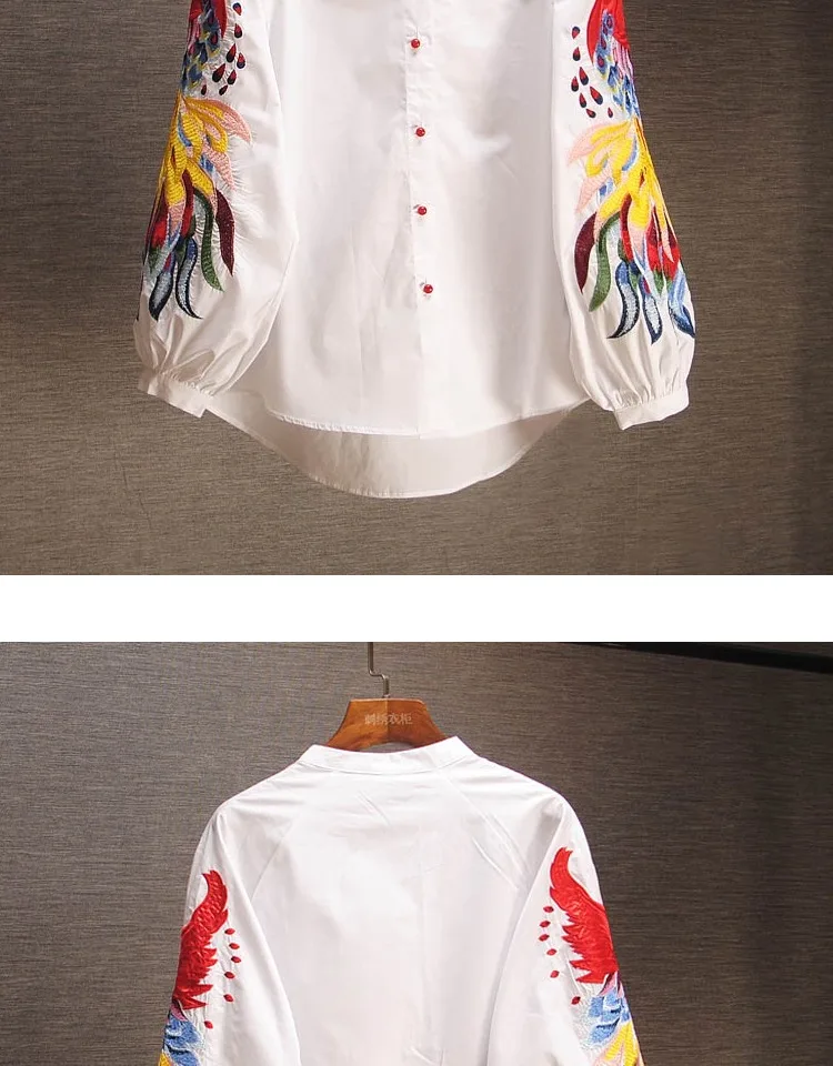 Spring and Summer Cotton Causal Shirts Embroidered Long-sleeved Shirts Woman Full Button Print O-Neck lantern Sleeve Tops