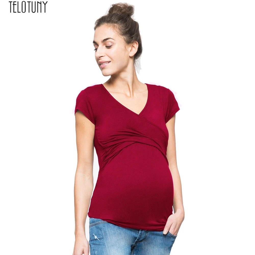 TELOTUNY Women Maternity Solid sexy v-neck short sleeve tops Pregnant Nursing soft Multifunctionl Blouse T-Shirt x0510