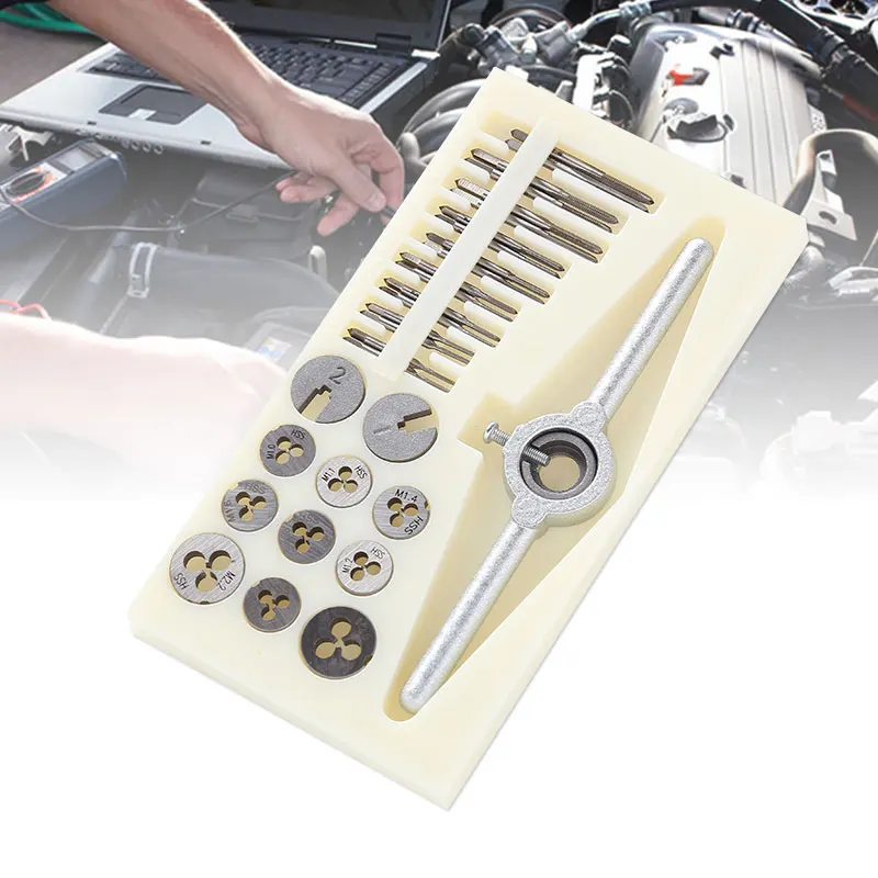 

Multi-Function Tap Tapper Drill Tool Set Screw Die Thread High Speed Steel 31pcs/Set Kit Tapping Drilling Plug