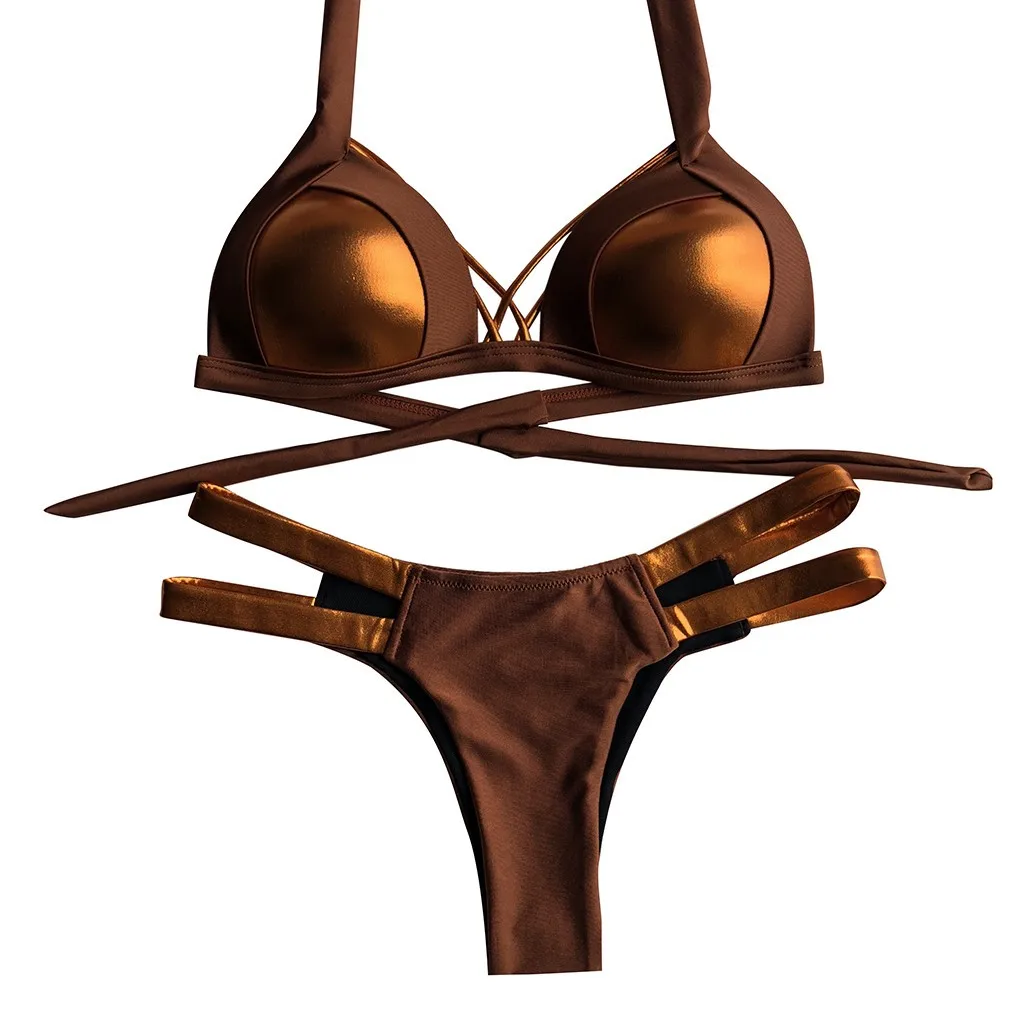 

Women Rose Gold Sexy Club Bikini Set Hot plussize Stamp Strap Sport Swimwear Patchwork Push-Up Padded Hollow Swimsuit #YL5