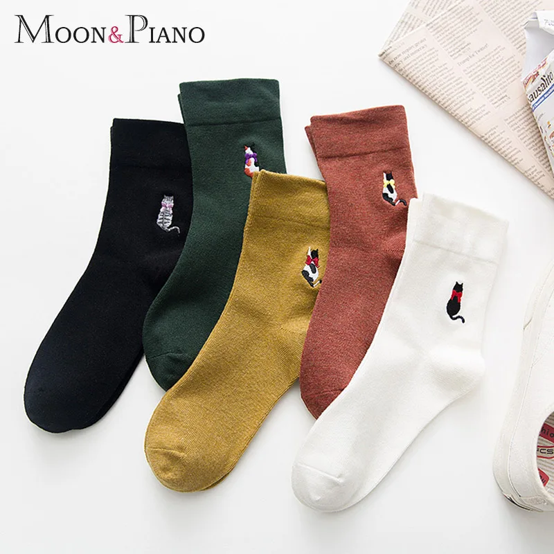 Autumn and Winter Thick Ladies Daily Cotton Socks Harajuku Korea Japanese Cartoon Embroidery Cat Cute Casual Warm Sock | Женская одежда