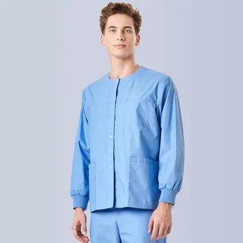 

Fall/Winter Vet Scrub Sets Nurse Uniform Unisex Long Sleeve Overcoat Warm-Ups Spoon Neck Snap Front Dentist Workwear Scrubs