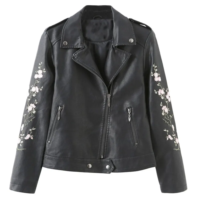 

Autumn Women's New Embroidered Jacket Short Zipper Motorcycle Short Leather Jacket Jaqueta Women Coat Jackets