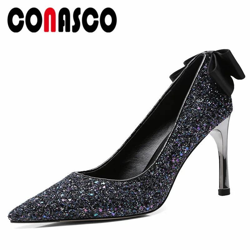 

CONASCO Sexy High Heeled Sequined Cloth Pumps BlingBling Bowknot Wedding Party Shoes Woman Pointed Toe Dancing Shoes Basic Pumps