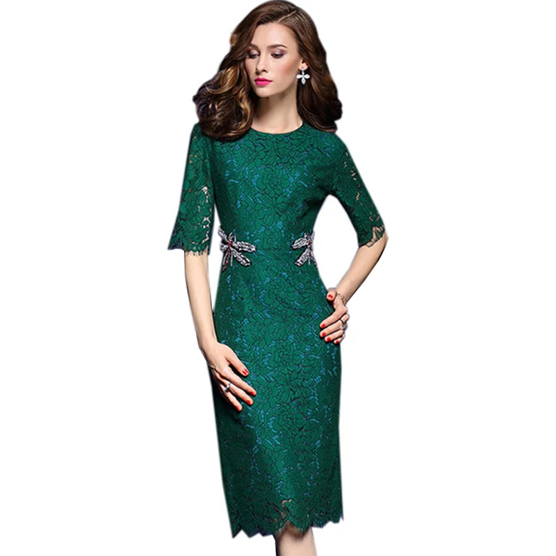 Wholesale 2017 Spring Embroidery Womens Dresses Half Sleeve Dark Green Lace Dress Elegant Summer Office Business Bodycon Party Dresses Buy Cheap 2017 Spring Embroidery Womens Dresses Half Sleeve Dark Green Lace Dress Elegant Summer Office Business Bodycon Party Dresses