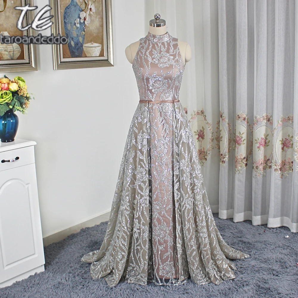 

Exquisite Design High Neck Mermaid Sequin Two Pieces Prom Dress Saudi Arabia Style Evening Dress with Detachable Skirt