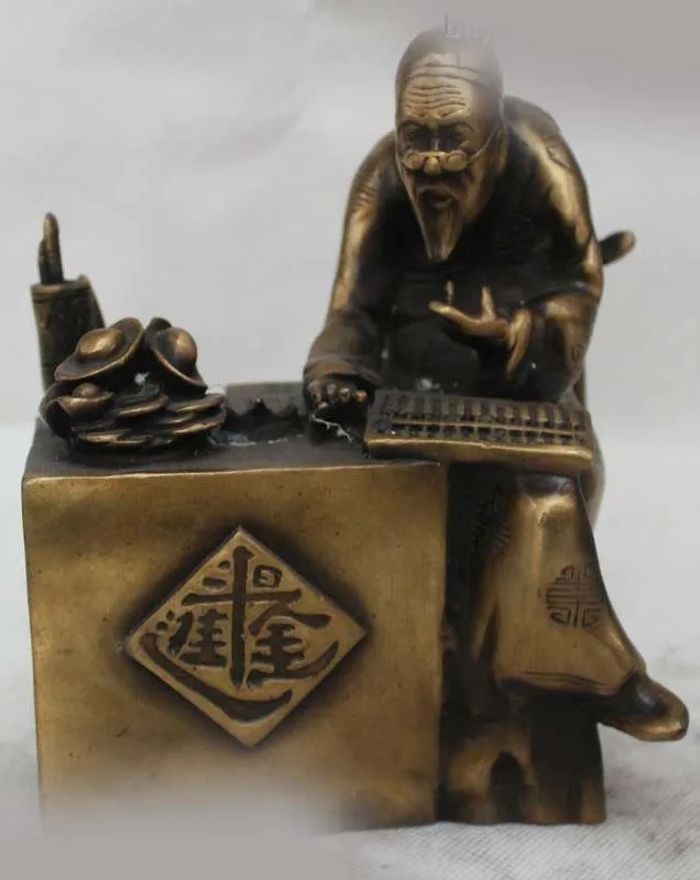 

7"China Chinese Folk Bronzr Money drawing accountant geezer Statue