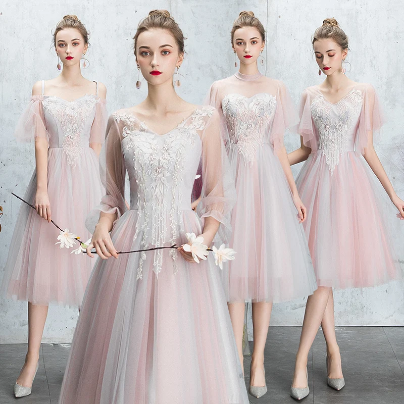 SSYfashion элегантное платье длиной до колен с аппликацией из тюля розовое платье подружки невесты свадебные вечерние платья для женщин платья для особых случаев