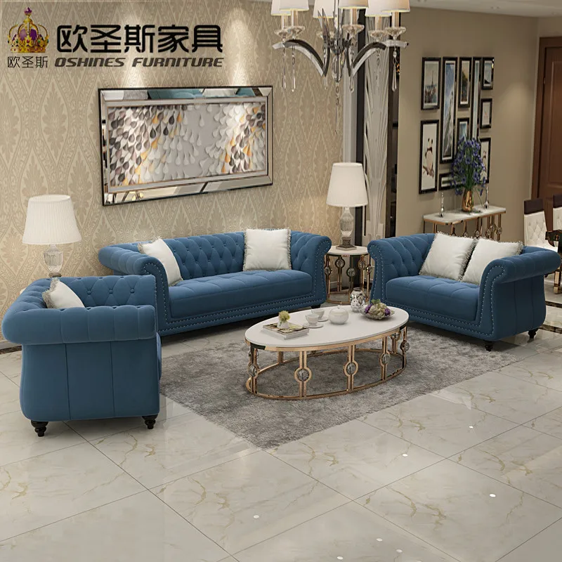 New classical europe design 6 seats dark blue trunk-nail crystal buttons fabric tufted sofa set with fringe cushions W35S