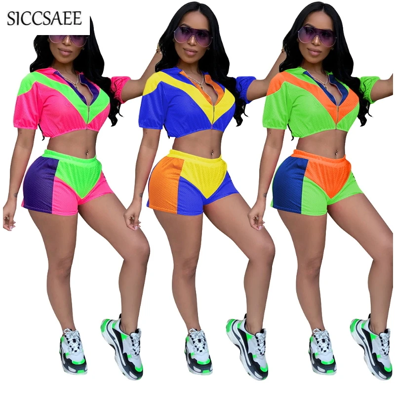 

Summer Style Hoodies Crop Top Short Sets For Women Contrast Color Patchwork Mesh Two Piece Set Loose Activewear Casual Playsuits