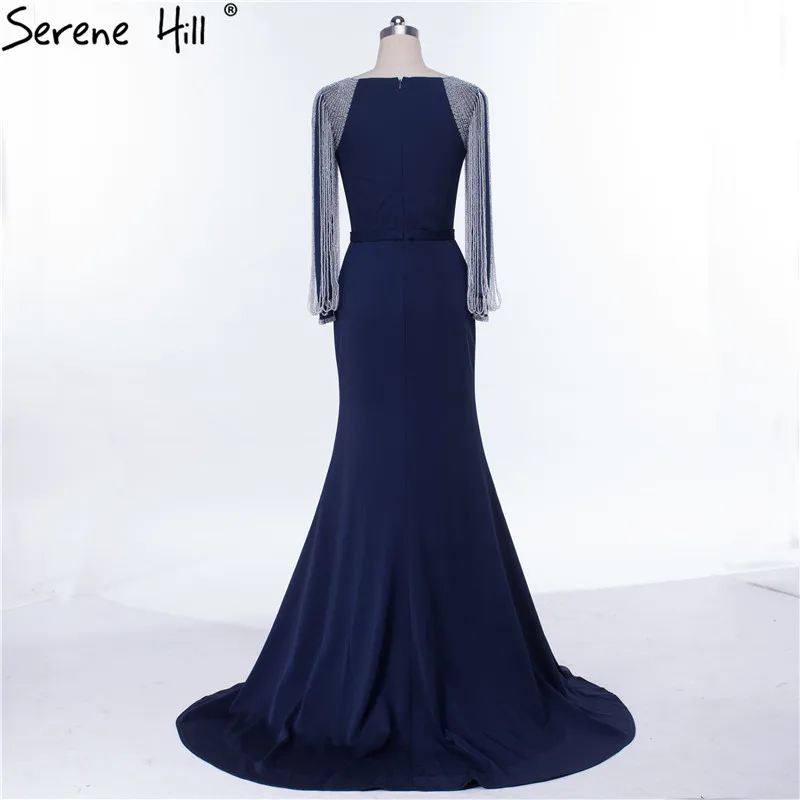 Long Sleeves  Black Beading Chain Elegant Mermaid Prom Dresses Crystal Beading Satin Dresses For Prom 2020 SERENE HILL LA6219