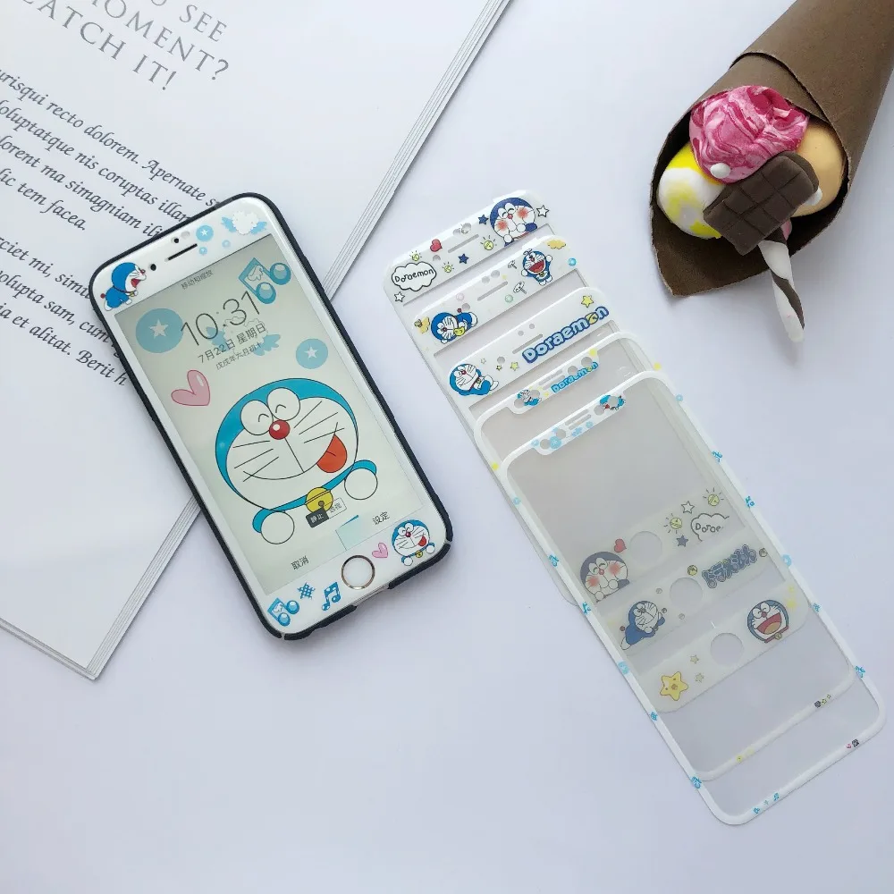 

Cute Cartoon Doraemon Curve Edge Color Fiber Tempered Glass Film For iPhone 6 6s 7 8 Plus Screen Protector Full Cover
