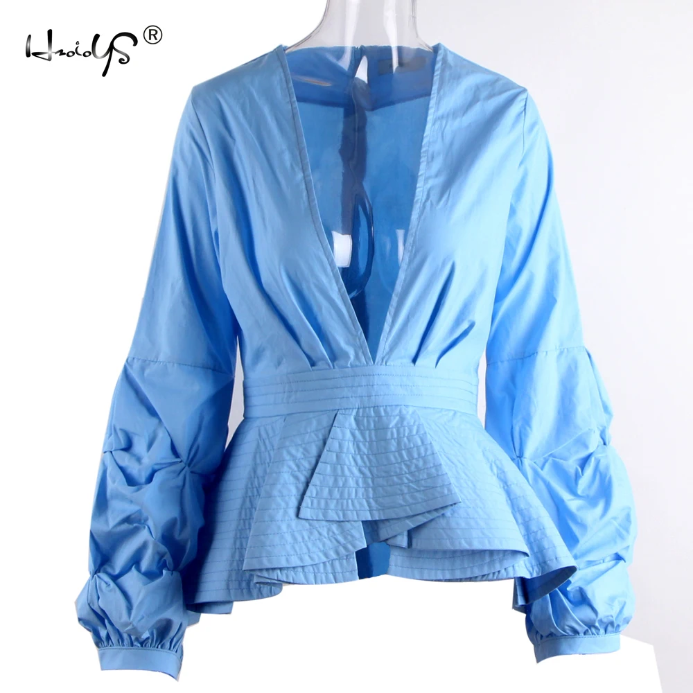 

Women Sexy Deep V Neck Blue White Stripe Ruffles Blouse Ladies Elegant Party Cocktail Clothing Shirts Blouses Plus Size 5XL