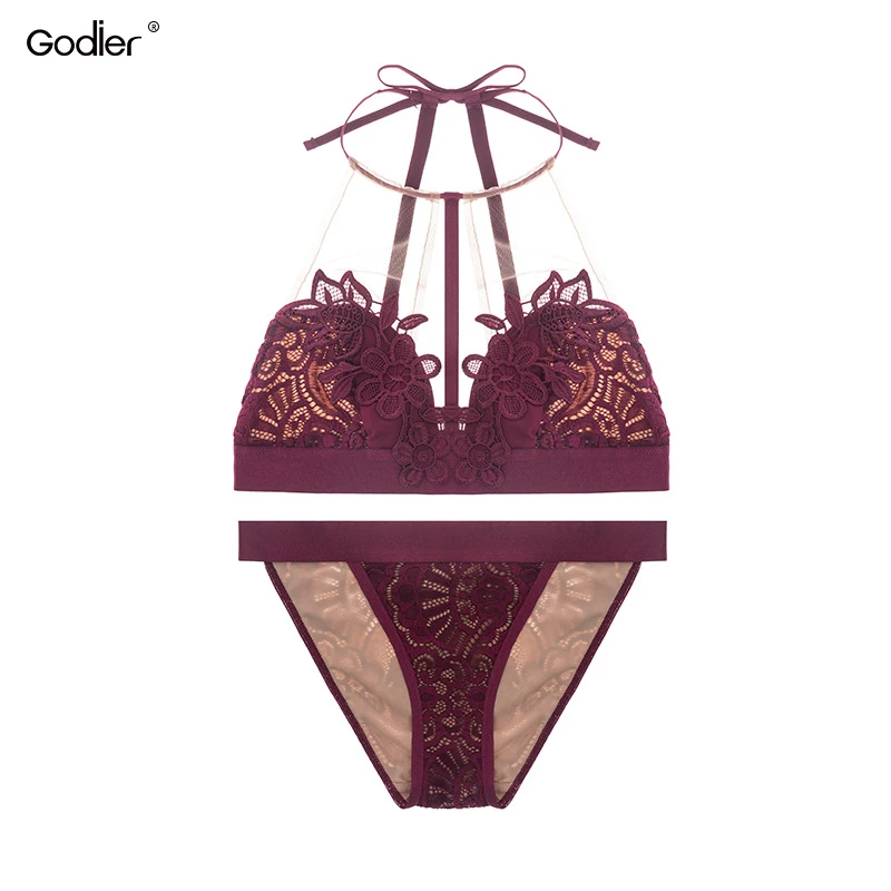 

Godier Women Vintage Halter Triangle Bralette Sexy Lingerie Lace Bra Set Tops Wireless Seamless Bustier Push Up Bra Brassiere