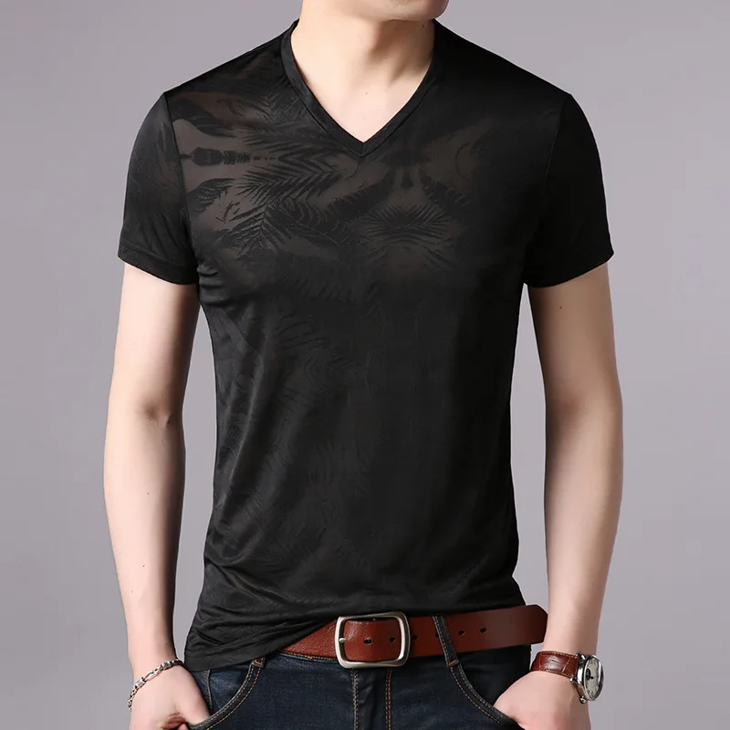 

Simple luxurious brand-name spring summer men's t-shirt v-neck half-sleeved Slim casual ice silk short-sleeved T-shirt male