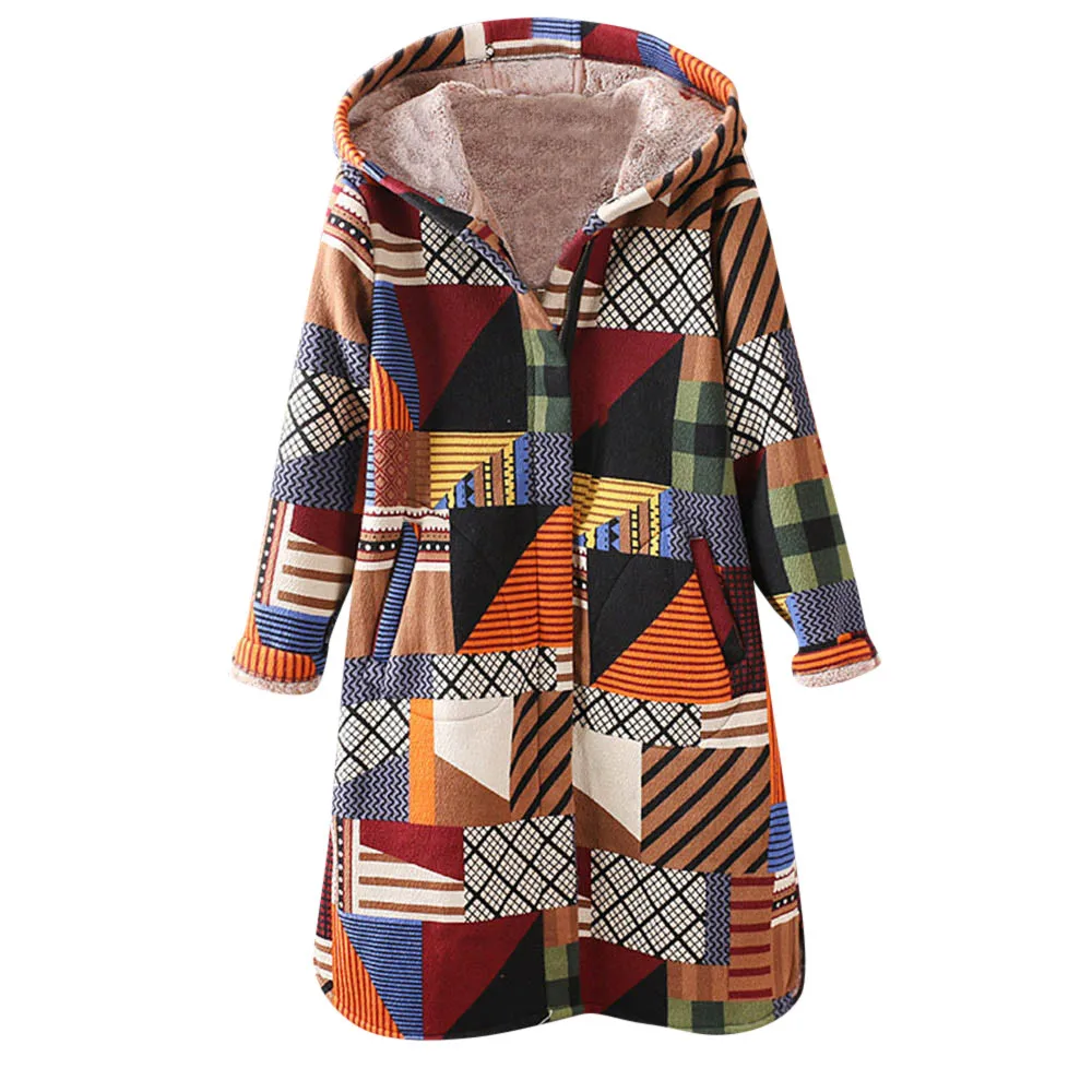 Зимняя теплая парка, женская верхняя одежда, цветочный принт, с капюшоном, плюс вельветовое пальто, Женское пальто с карманами, большие размеры, ropa mujer/PT - Цвет: Orange